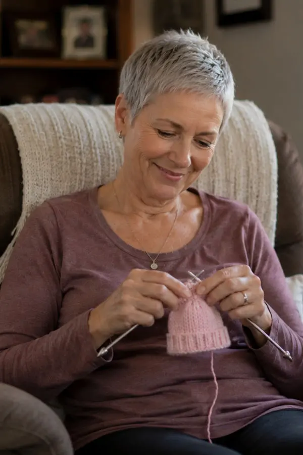 Joan knitting